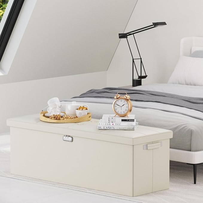DocSafe Storage Ottoman Bench,Fireproof&Waterproof Folding Bench with Lock(15”x 43”x15”),Leather Storage Chest with Handles&2 Extra Boxes,Ottoman Safe for Bedroom,Living Room,Home Office,Beige-NeatNest