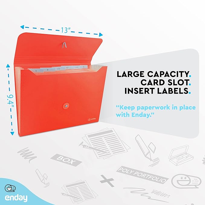 Accordian File Organizer, 7 Pocket Expanding File & Cover Folder with Labels, Plastic Portable Desktop Supplies Letter A4 Paper in Red and Grey (2 Pack) – by Enday