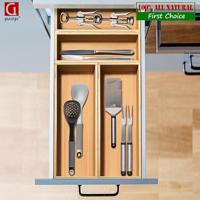 Bamboo Drawer Silverware Organizer, Flatware Organizer, Bamboo Storage Box for Office, Bathroom and other objects storage (large14.2 x5 x2 Small 9.85"x3.55"x1.78"- Set of 4)-NeatNest