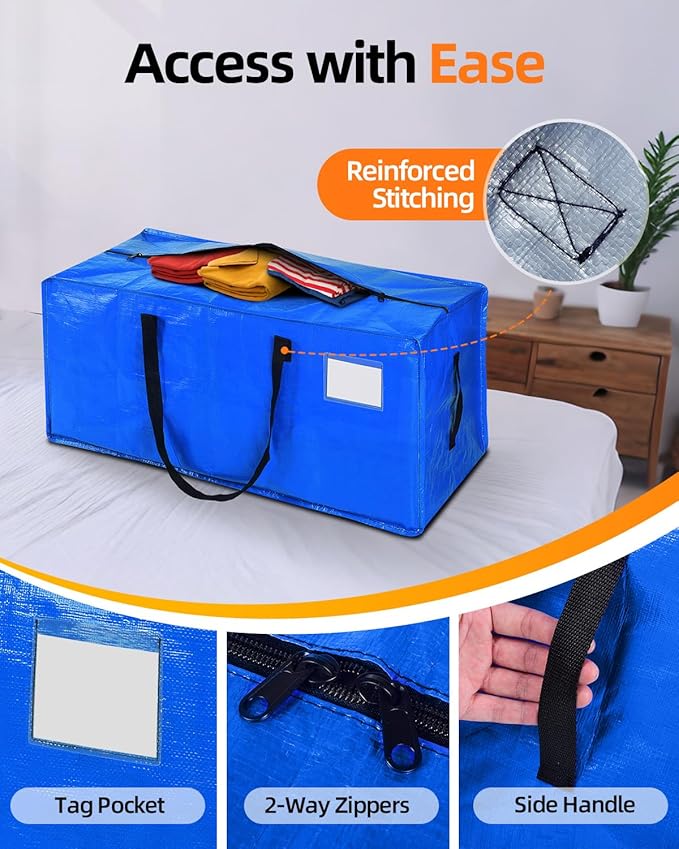 12 Pack Extra Large Moving Bags, Heavy Duty Packing Bags with Zippers and Handles for Space Saving, Clothes Storage, College Essentials, Travel, Blue