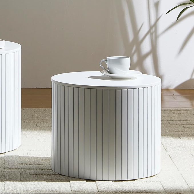 kevinplus White Coffee Table Nesting Tables Set of 2 for Living Room, Modern Circle Drum Small Coffee Table with Storage Contemporary Side Table End Table with Moveable Lid, White