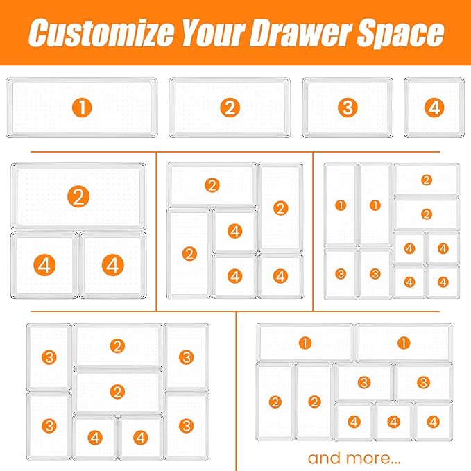 Criusia 18 Pcs Large Size Clear Drawer Organizer Set, Acrylic Non Slip Non Cracking Kitchen Drawer Storage Tray Divider, Multifunctional Storage for Cosmetics, Bathroom, Tools, Kitchen and Office-NeatNest