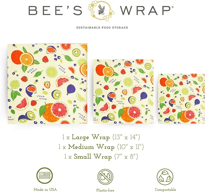 Bee's Wrap Beeswax Wraps for Food - Fresh Fruit 3 Pack (S, M, L) Made in USA Reusable & Organic Food Wraps, Sandwich Wrap & Bowl Covers - Eco-Friendly Alternative to Aluminum Foil & Plastic Wrap-NeatNest