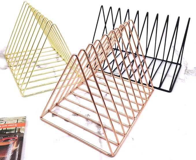 EASEPRES 9 Slot Magazine Rack Book Record Holder, Desktop Iron Storage Rack Bookshelf Multifunction Triangle File Organizer Sorter for Decor Home Office, Rose Gold Pack of 2