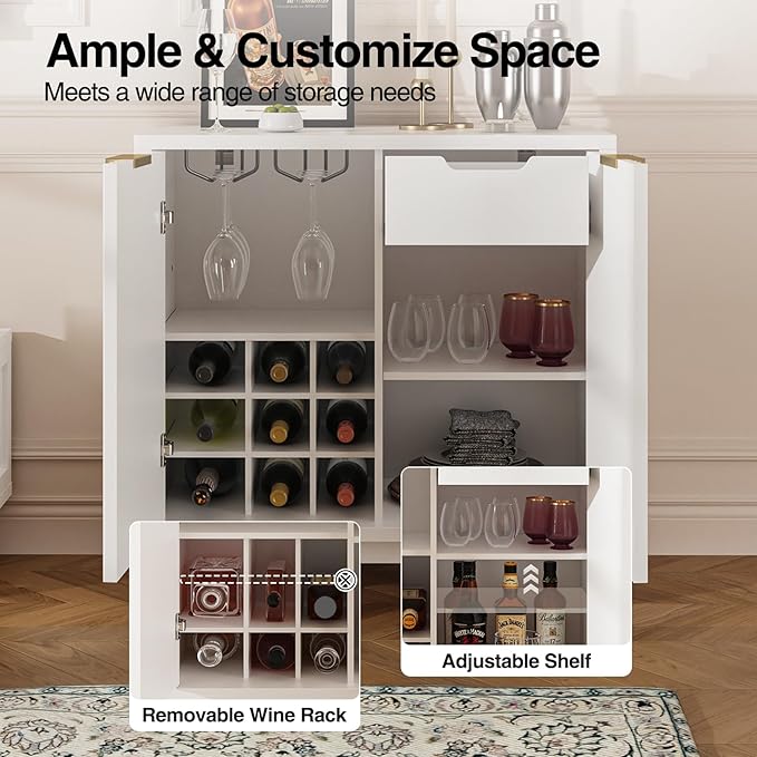 Fluted Coffee Bar Cabinet with Storage, Modern Sideboard Buffet Cabinet with Removable Wine Rack, Drawer, Adjustable Shelf, White Liquor Cabinets for Living Room, Dining Room, Kitchen, Entryway