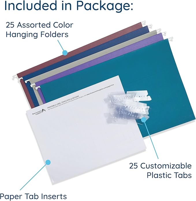 25 Blue Summit Supplies Colored Hanging File Folders Legal Size, Assorted Jewel Tone Colors, Legal Size Hanging File Folders for Filing Cabinet with Plastic Tabs and Inserts, Durable 11pt Paper