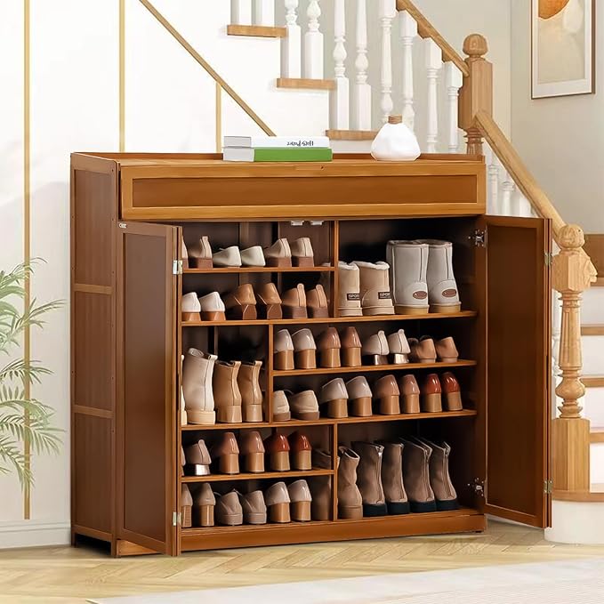 Bamboo Shoe Cabinet, 8-Tier Shoe Storage Cabinet with Doors, Freestanding Bamboo Shoe Rack Organizer with Shelves for Entryway, Hallway, Closet, Living Room (Brown-6)