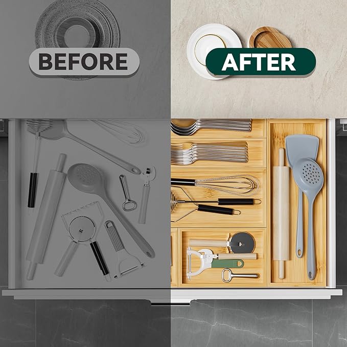 Bamboo Drawer Organizer for Kitchen & Bath, Extra Large Stackable Tray for Silverware, Toiletries & Utensils, 2 Pcs, 17" x 6" x 2" (Outer), 16.3" x 5.3" x 1.77" (Inner)-NeatNest