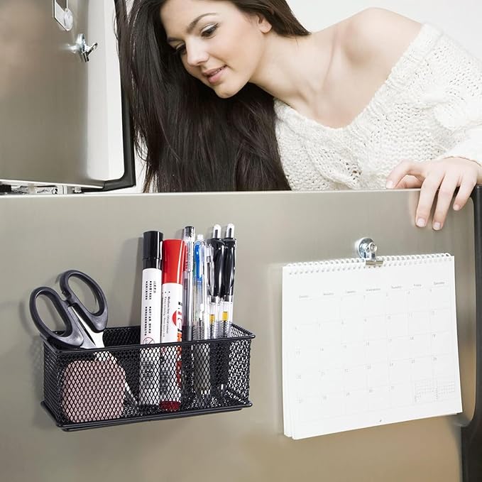 dedoot Magnetic Pencil Holder, Black Mesh Pen Organizer Strong Magnetic Storage Basket Organizes Pens, Pencils, Markers for Whiteboard, Locker, Fridge, Cubicle Desk, Offices 6.3x2.3x2.6inch,2 Pack-NeatNest