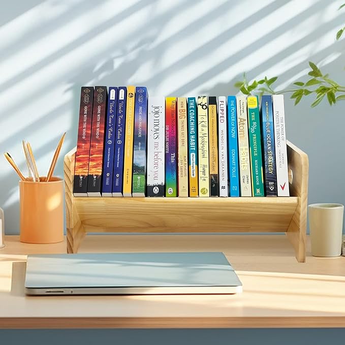 Desktop Bookshelf Organizer, Wood Office Tabletop Book Storage Rack, Tilting Bookcase for Books/Magazine Display,Small Desktop Bookshelf,Desk Shelf-NeatNest