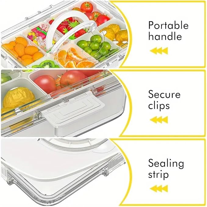 Food Storage Containers, 8 Compartment Snack Container with Dual Handles Reusable Divided Food Storage Boxes Fruit Serving Tray, Black
