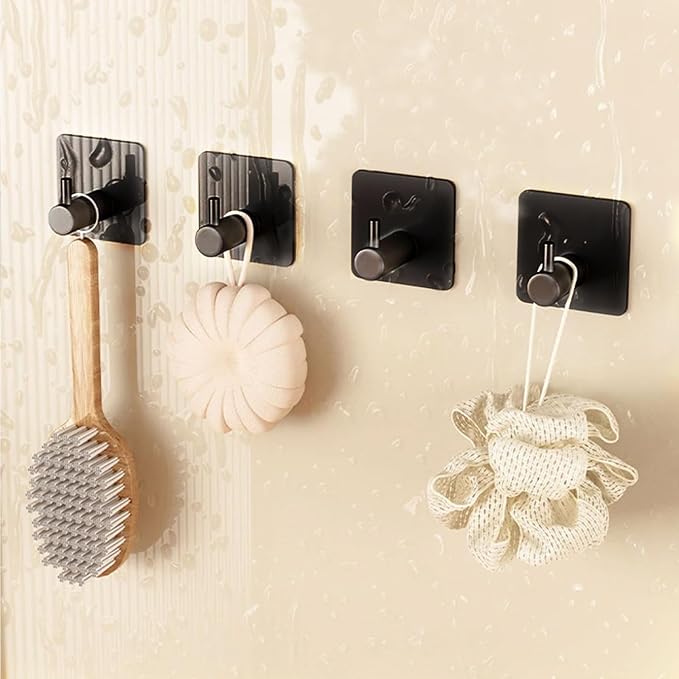 Adhesive Hooks 4 Pack Heavy Duty Stick on Wall Hooks Robe Towel Hooks Waterproof Stainless Steel Black Self Adhesive Hook for Hanging Clothes Bathroom Sticky Hooks