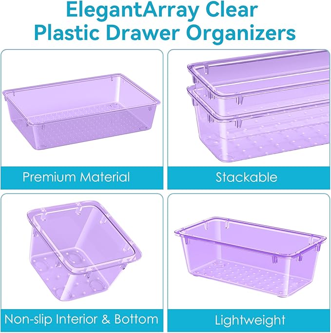 12-Piece Drawer Organizer Set, 4 Sizes Versatile Plastic Vanity Organizer for Makeup, Stationery, Gadgets, in Kitchen, Bathroom, Office, and Bedroom, Purple-NeatNest