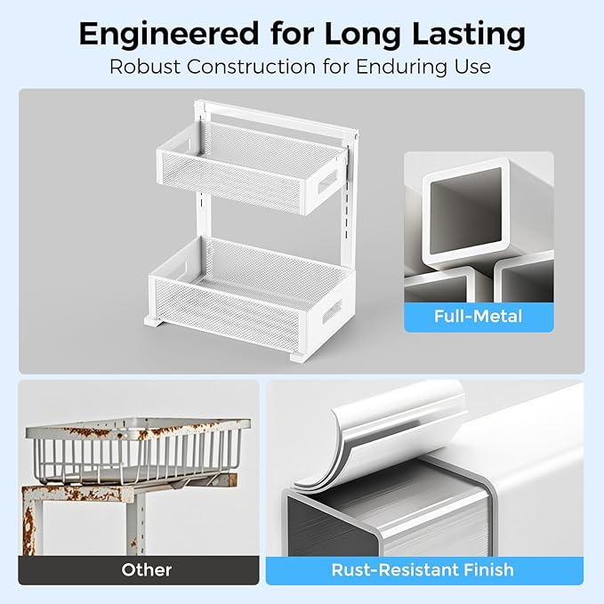 2 Pack Under Sink Organizer, Adjustable Height Under Sink Organizers and Storage, Smooth & Silent Sliding Out Metal Drawer for Kitchen Bathroom Pantry Cabinet Closet (White)-NeatNest