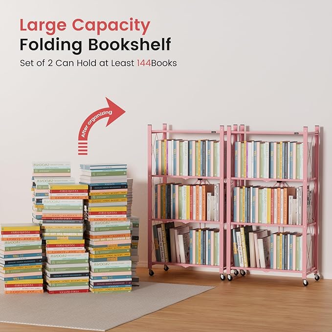 ALANNG 2-Pack Folding Bookshelf on Wheels, Cute Rolling Shelves for Bedroom, Colorful Storage Cart for Kids Rooms, Nursery, No Assembly Metal Book Shelf (4 Tier, Pink)