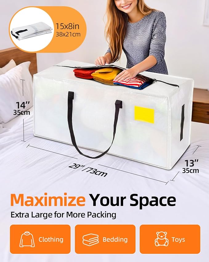12 Pack Extra Large Moving Bags, Heavy Duty Packing Bags with Zippers and Handles for Space Saving, Clothes Storage, College Essentials, Travel, Clear