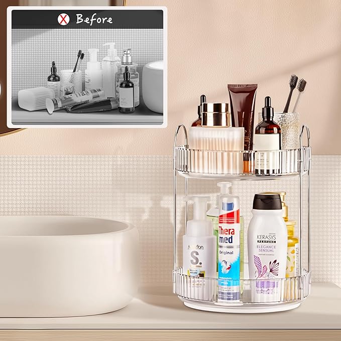 360 Rotating Makeup Organizer, 2 Tier Lazy Susan Bathroom Organizer, Easy to Install, Ideal Storage for Perfume, Skincare, Cosmetic, Dresser or Vanity Countertop (Silver Clear, 2 Tier)-NeatNest