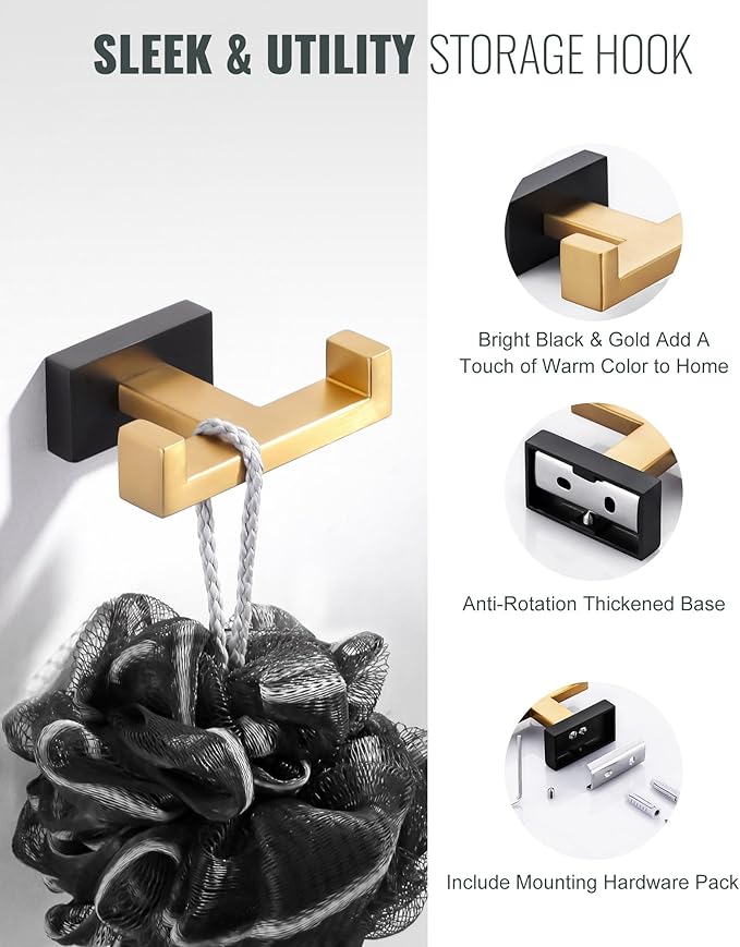 Double Bathroom Towel Hook - Modern Gold & Black Tower Holder - Heavy Duty Robe Hooks for Wall - Stainless Steel Shower Towel Hanger
