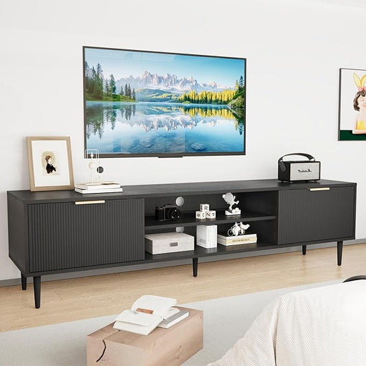 Black TV Stands, Mid Century Modern TV Stand, with 2 Large Storage Cabinets, for TVs Up to 75 in, Black Entertainment Center with Fluted Panel Design, TVs Stands for Living Room, for Bedroom, Office-NeatNest