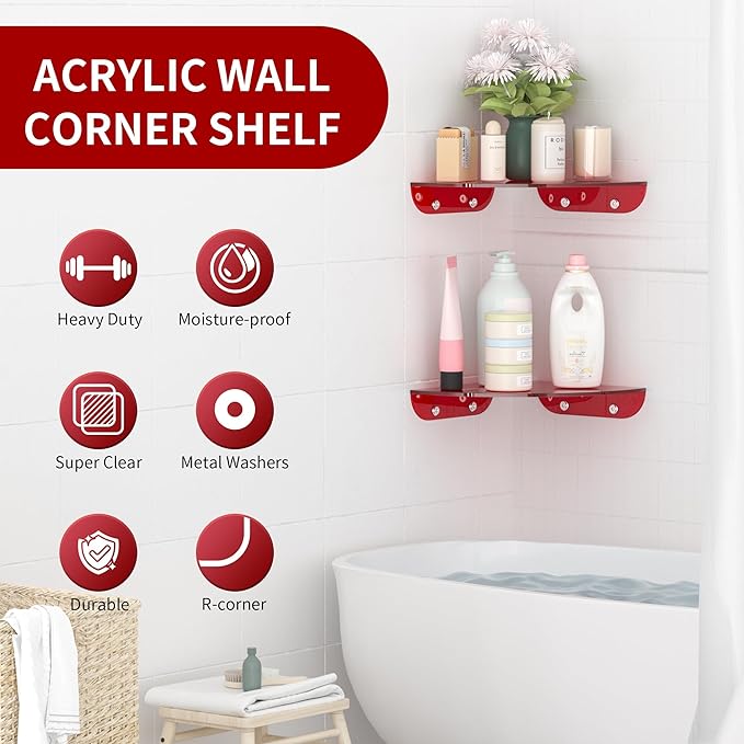 7x7 Inch Corner Shelf Wall Mount Set of 2, Red Acrylic Corner Floating Shelves, Corner Wall Organizer Shelf for Bathroom, Kitchen, Bedroom, Living Room, Dining Room, Office