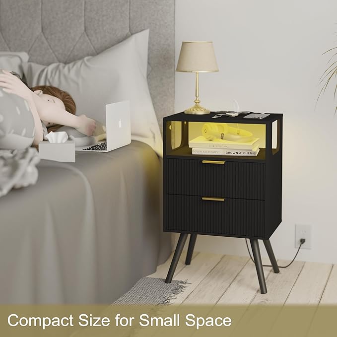 Black Nightstand with Charging Station and LED Lights,Modern Bedside Table with 2 Storage Drawer and Open Wood Shelf, for Bedroom and Small Spaces,Night Stand with Solid Wood Legs,Black-NeatNest