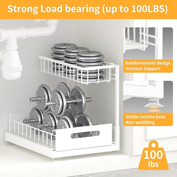 2 Pack Under Sink Organizer Storage 2-Tier Premium Metal Pull-Out Racks, Height Adjustable, Easy Installation | Kitchen & Bathroom Organizers White-NeatNest