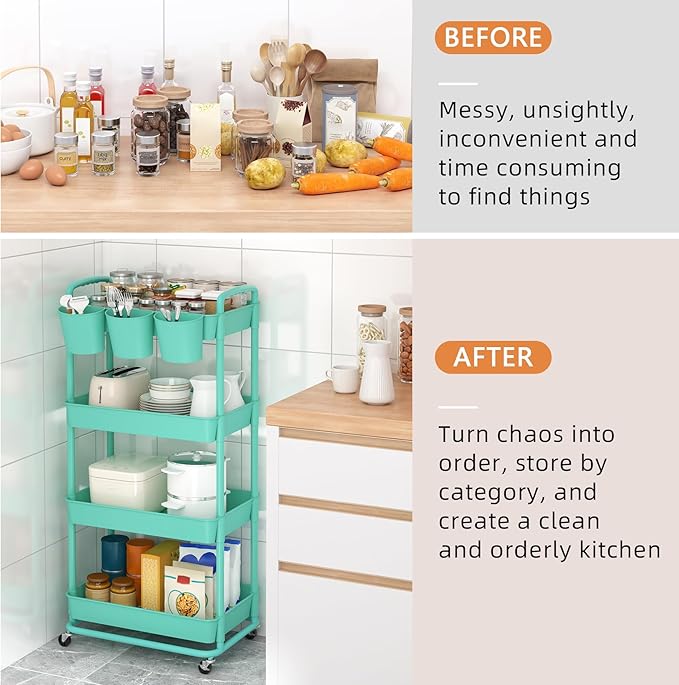 JIUYOTREE 4-Tier Plastic Rolling Storage Cart Utility Cart with Extra Hanging Cups Handles Lockable Wheels for Living Room Bathroom Kitchen Office Green-NeatNest