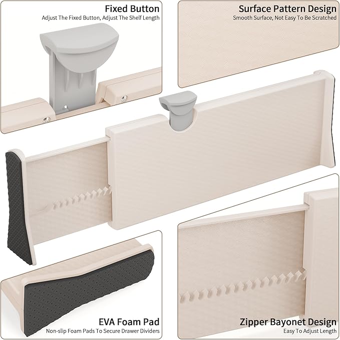 Drawer Dividers Organizer 8 Pack, Adjustable Separators 4" High Expandable from 11-17" for Bedroom, Bathroom, Closet, Clothing, Office, Kitchen (Beige, 8 PACK)-NeatNest