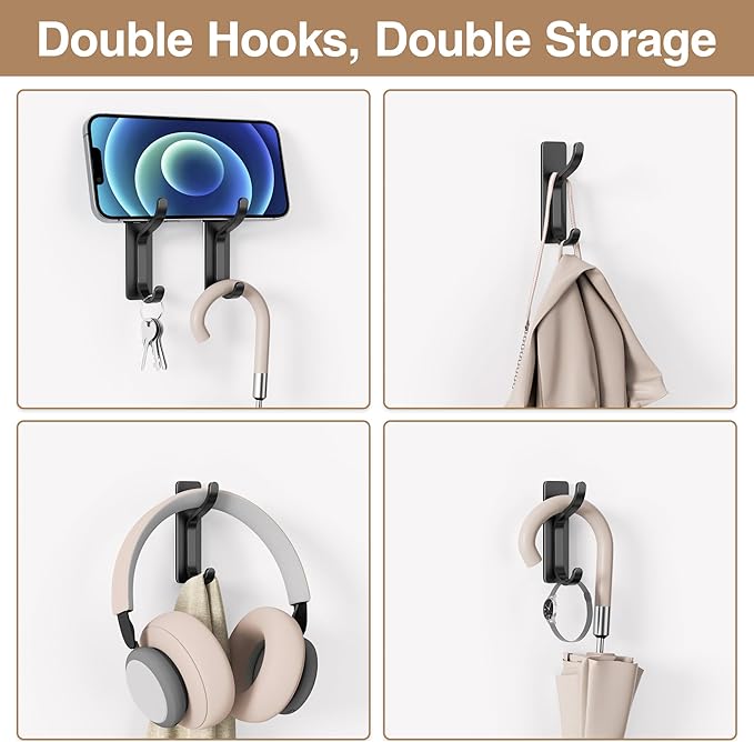 pickpiff Adhesive Wall Coat Hooks - Heavy Duty Stick-On Door Hanger, Black Metal Hook for Hanging Towel,Purse, Robe, Backpack, Jacket, Clothes - for Bathroom,Dorm, Closet, Kitchen - 4 Pack