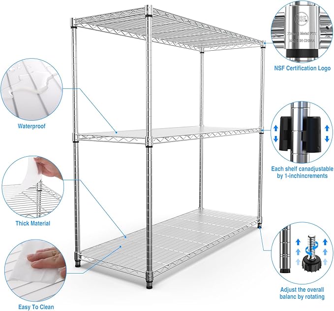 3 Tier NSF Wire Shelf Shelving Unit, 18 x 48 x 48 Inch 1050lbs Capacity Heavy Duty Adjustable Storage Metal Rack with Leveling Feet & Shelf Liners, Ideal for Garage, Kitchen, Office and More - Chrome