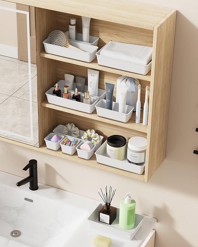 25 PCS Plastic Drawer Organizers Set, 4-Sizes Vanity and Makeup Organizer, Desk and bathroom Drawer Organizer Trays, Organizers and Storage for Makeup, Jewelry, Gadgets, Utensils (White)-NeatNest