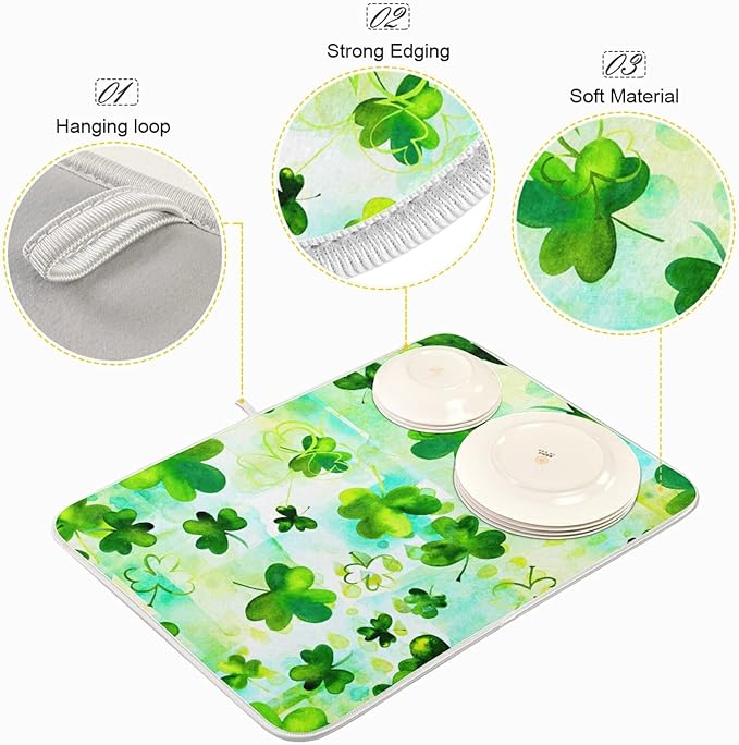 Absorbent Dish Drying Mat for Kitchen Counter - Clover Clover Microfiber Drying Pad, Reversible Drainer Mats for Countertop, Large 18" x 24"