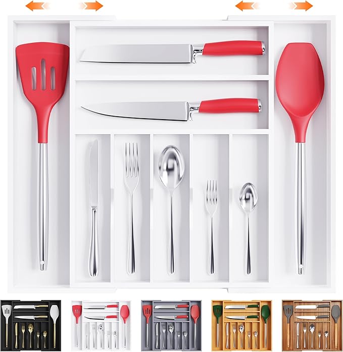 Bellsal Large Premium Bamboo Silverware Organizer - Expandable Utensil Drawer Organizer - 17"x19.6" Utensil Holder and Cutlery Tray with Grooved for Kitchen Flatware and Utensils(7-9 Slot, White)-NeatNest