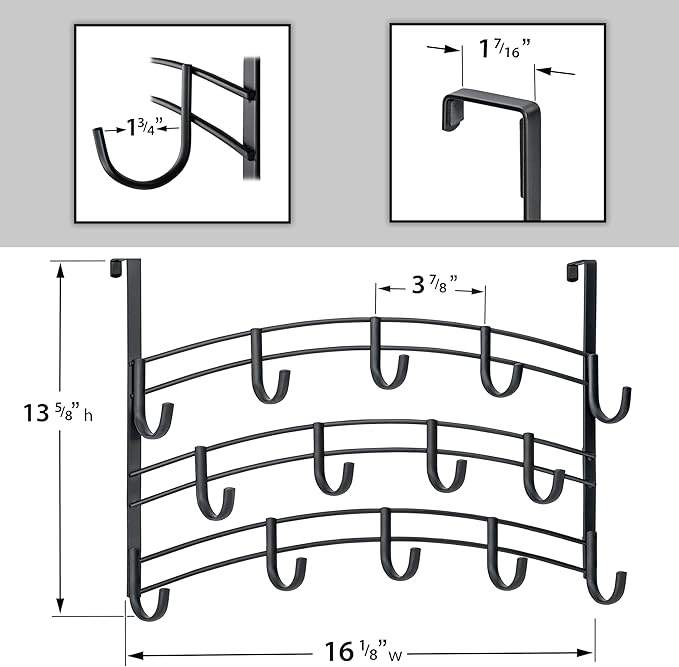 LYNK Professional® Home™ Over Door Hooks Rack - 14 Hook Over Door Hanger - Over Door Towel Rack - Hanging Towels or Clothes - Bathroom, Bedroom or Laundry Room - Lifetime Ltd. Warranty - Black