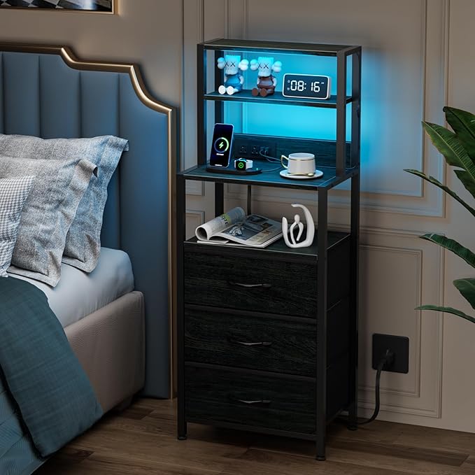 Furnulem Night Stand, Tall Nightstand with 4-Tier Shelves and 3 Fabric Drawers, LED Bed Side Tables with Charging Station, Bedside Table for Bedroom, Hallway, Home Office, Black Oak