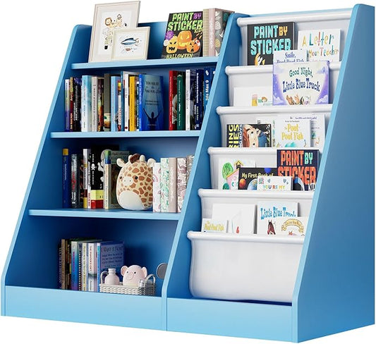 Blue 4 Tier Kids Wooden Bookshelf,Five Layer Sling Bookcase,Baby Storage Book Rack,Child Book and Toy Organizer Cabinet Chest,Toddler Book Display Playroom Kids Room Bedroom Classroom Nursery Library-NeatNest