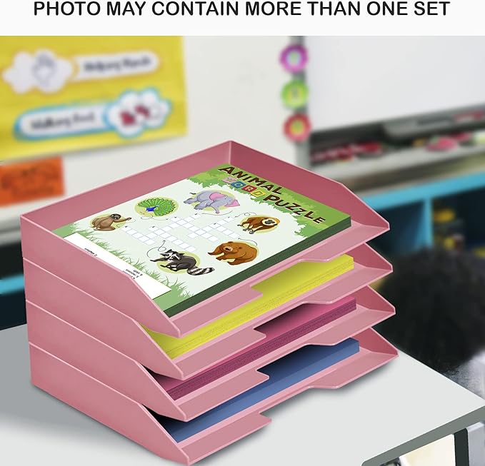 Acrimet Stackable Letter Tray 2 Tier Side Load, Plastic, Desktop File Organizer (Solid Pink Color)-NeatNest