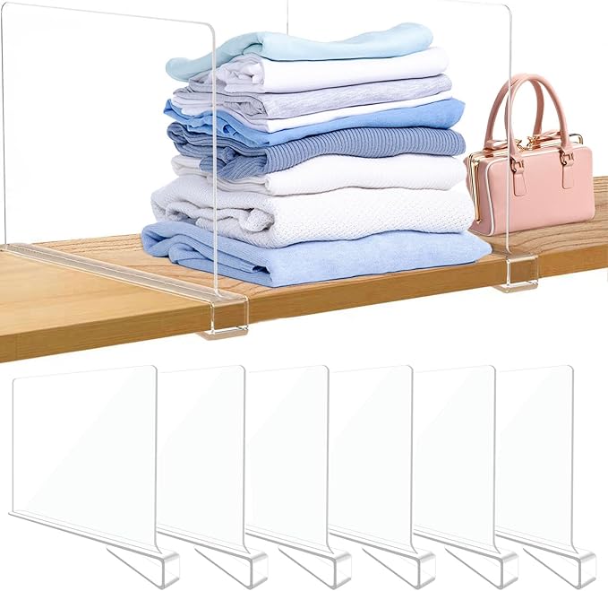 Acrylic Closet Shelf Dividers, Heavy Duty Organizer for Clothes, Handbags, Sweaters & Towels - Transparent Storage Solution for Kitchen Cabinets, Wardrobes & Home Shelving (6Pack)-NeatNest