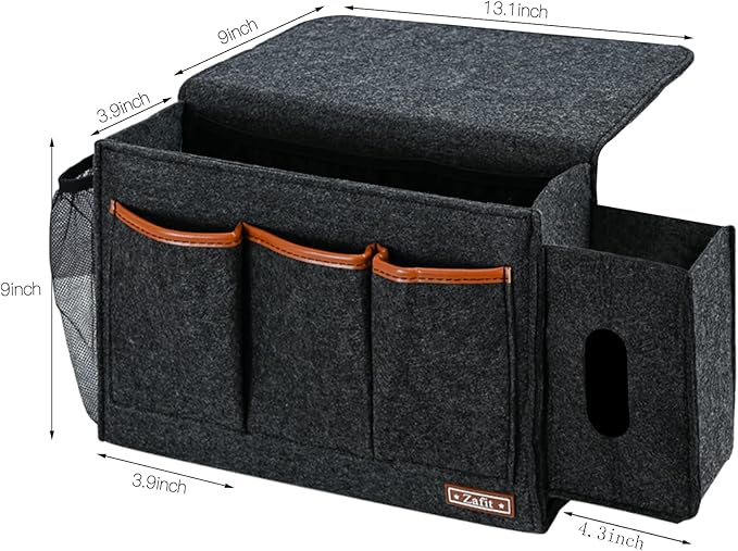 Bedside Caddy, Large Size Storage Organizer - Bedside Organizer for Magazine, Remotes, Phone (13.4'' x 18.1'' Tissue Box Holder, Dark Grey)-NeatNest