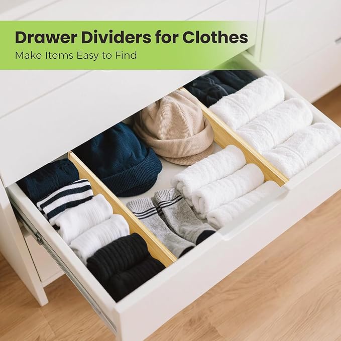 Drawer Divider, Adjustable Bamboo Kitchen Drawer Organizer, Spring Loaded Drawer Organizer, Dresser Separators for Kitchen, Bathroom, Clothes, Office Desk Storage (Natural, 4 Pack Large)-NeatNest