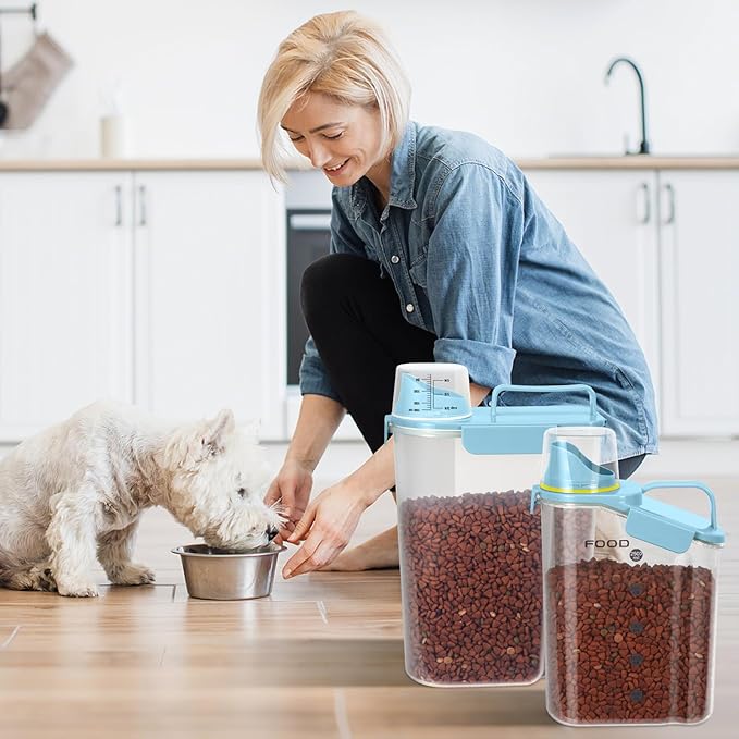 Dog Food Storage Container, Upgraded Large Nozzle BPA-free, 8-12 LBS Plastic Pet Food Storage Containers, With 4 Sealed Clasps, 1 Measuring Cup and Handle (2, Natural Blue (3L+5L), (3L+5L))-NeatNest