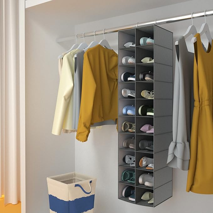 coastal rose Hanging Shoe Organizer for Closet, 20 Sections Hanging Closet Organizer and Storage Shelves, Space Saving Shoe Rack for Closet, Grey, 12''W×12''Dx 50''H-NeatNest