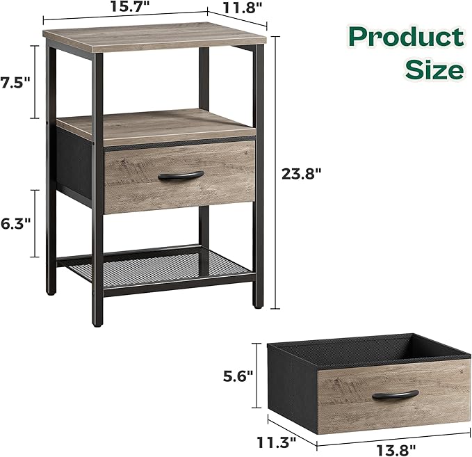 Huuger Nightstand Set of 2, Night Stand with Fabric Drawer, Mesh Shelf, Side Table with Storage, Fabric Drawer Dresser, Open Shelf, Metal Frame, Bedroom, Oak
