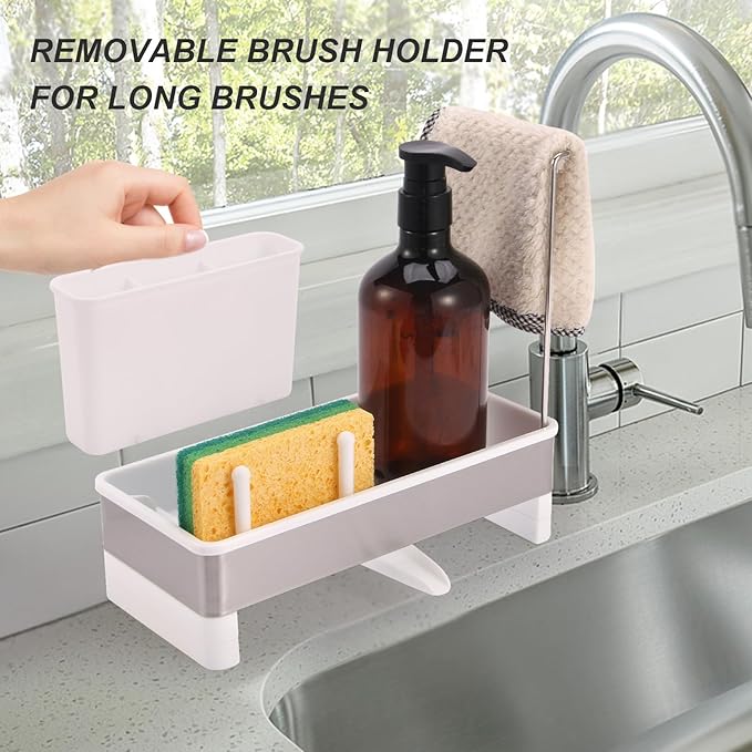 Dish Sponge Holder - Stainless Steel & PP Sink Caddy, 360° Rotatable Self-draining, Space-Saving Kitchen Sink Organizer with Removable Dish Cloth Rack (White)-NeatNest