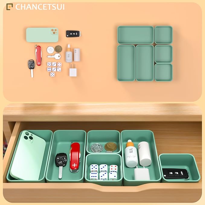 6 Pcs Stackable Drawer Organizer Set Desk Drawer Dividers, Bathroom Vanity Cosmetic Makeup Trays , Multipurpose Plastic Storage Bins for Jewelries, Kitchen Gadgets and Office Accessories, Green-NeatNest