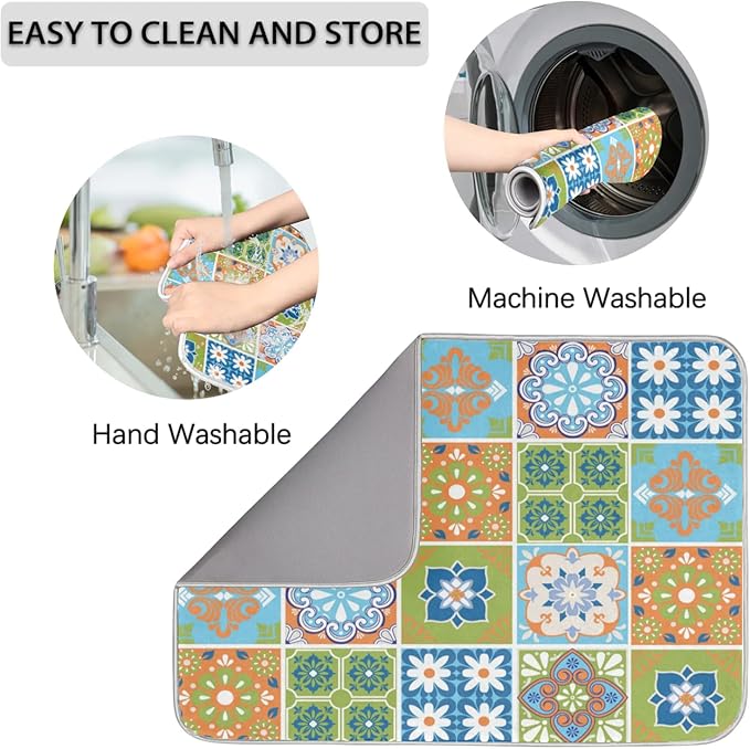 Dish Drying Mat for Kitchen Counter - Absorbent Microfiber Drying Rack Pads Reversible Dish Pad Draining Mats for Countertop Coffee Mats,18x24 inch(Mexican Talavera)