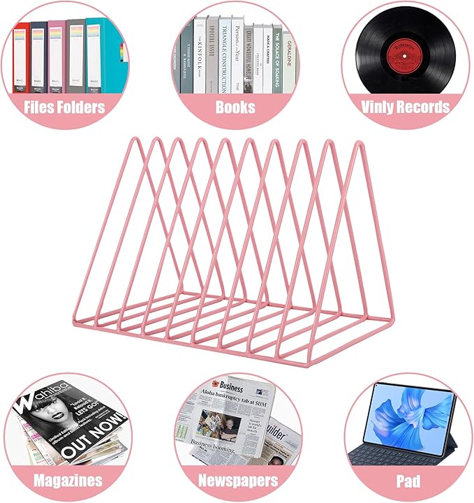EASEPRES Vinyl Record Holder Storage, 9 Slot Metal Magazine Book Album Display Rack, Stylish Triangle Desktop File Sorter Organizer for Home Office, Pink