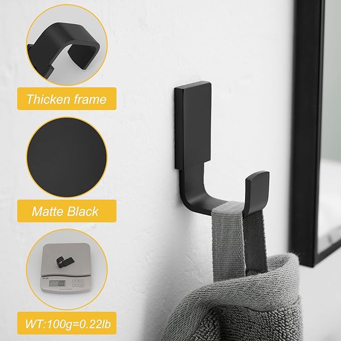 BESy Brass Clothes Hook Single Towel Hook for Bathroom Kitchen Garage Square Style Robe Hooks Coat and Hat Hook, Self Adhesive with Glue or Wall Mounted with Screws, Matte Black-NeatNest