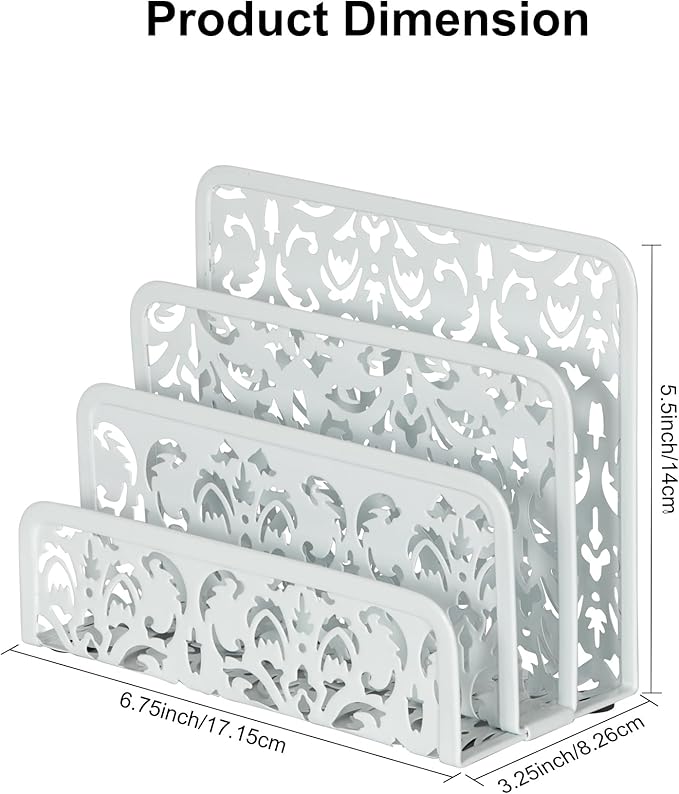 EasyPAG 2 Pack Mail Organizer with Hollow Floral Design, Metal Desktop Letter Sorter – 3 Compartments, No Assembly, Anti-Slip Feet for Office/Home Desk, White