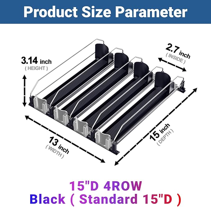 Drink Organizer for Fridge,12oz 16oz 20oz - Soda Can Dispenser for Refrigerator,Width Adjustable,Automatic Pusher Glide (Black, 15"D 4ROW, Holds 20 Cans)